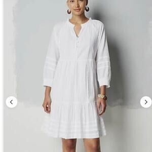 J.Jill Women' Size L Cotton Tiered Button Front V-Neck Relaxed Dress White L